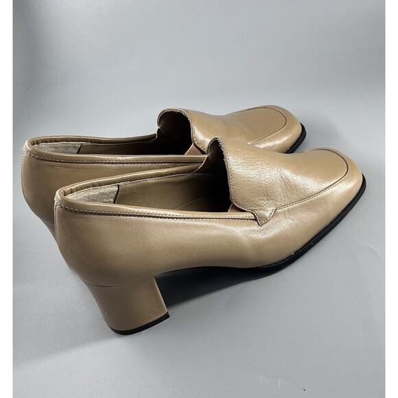 Ann Kristal Size 7.5M Leather Square Toe Nude Tan Block Heel Shoes - Picture 4 of 9